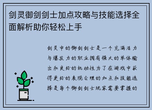 剑灵御剑剑士加点攻略与技能选择全面解析助你轻松上手